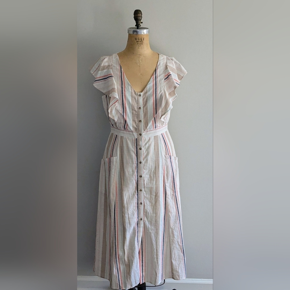 Cottage Core Button Down White & Tan Cotton Strip… - image 1